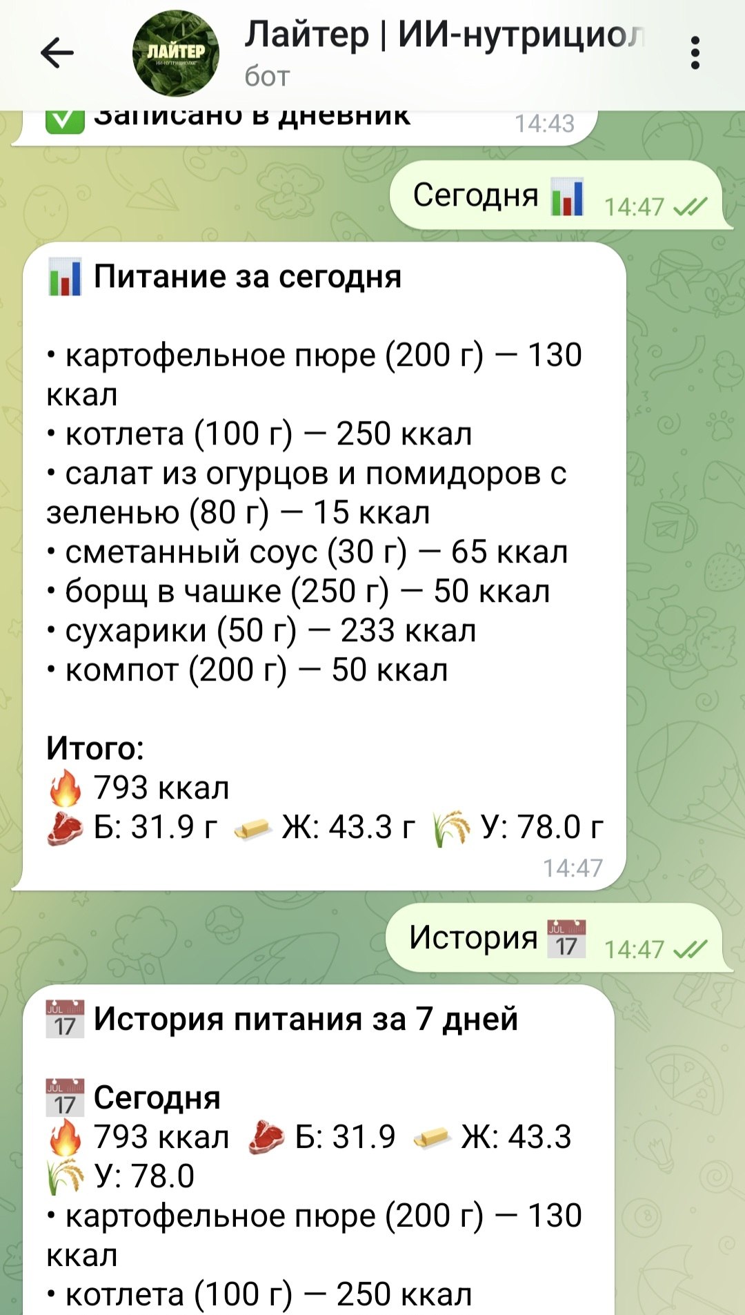 Аналитика питания в Лайтере